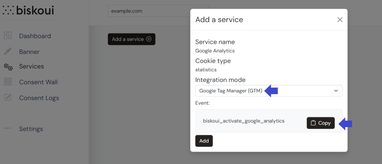Selecting Google Tag Manager integration mode in biskoui