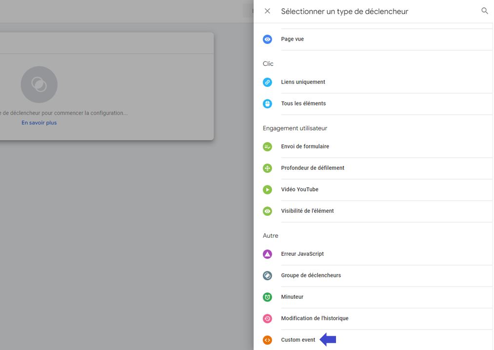 Selecting custom event trigger type in GTM