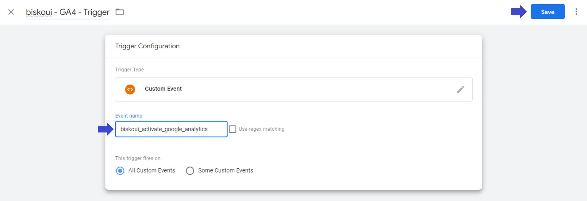 Pasting the biskoui trigger in Google Tag Manager