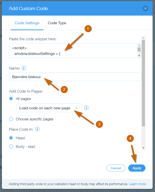 Configuration of biskoui custom code on Wix