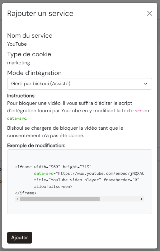 Instructions to add YouTube in biskoui.ch